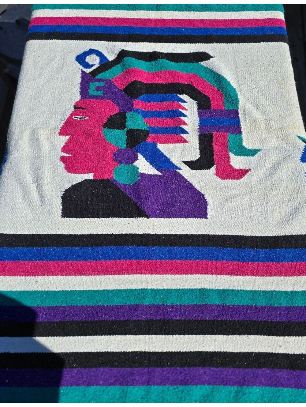 VTG Mexican Aztec Mayan Warrior Blanket Rug 74x42 Fringe Handwoven Teal Fuchsia